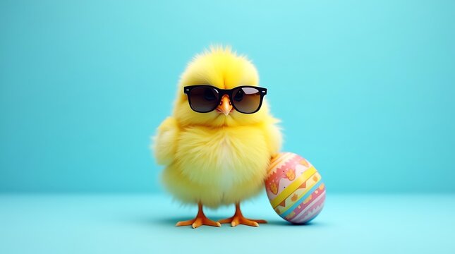 A cute yellow chick wearing sunglasses stands next to a colorful Easter egg on a blue background