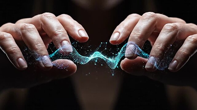 Close-up of hands interacting with floating digital data wave, glowing particles forming dynamic connection, futuristic AI and data visualization concept, human control of virtual information.