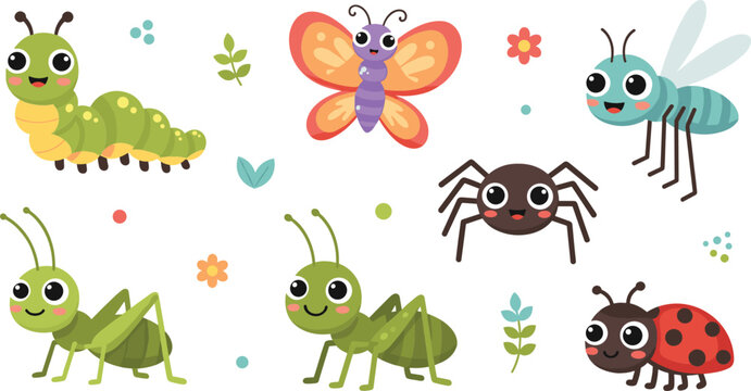 Cute cartoon insects collection butterfly caterpillar bee ant ladybug grasshopper spider colorful bug characters vector illustration set