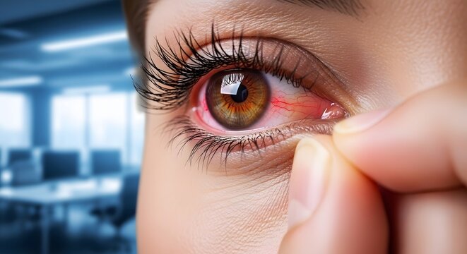 Extreme close up of red inflamed eye with visible veins. Ophthalmology and vision care. Person pulling down eyelid to inspect irritation and conjunctivitis symptoms