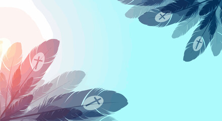 Fototapeta premium Feathers with cross symbols in a gradient of warm and cool colors, representing faith and spirituality.