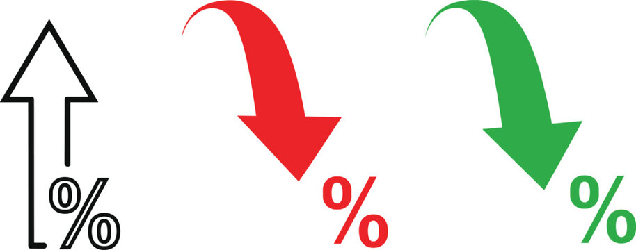 Vector icon set showing percentage increase and decrease arrows in green red and black for financial analysis interest rates and marketing discounts