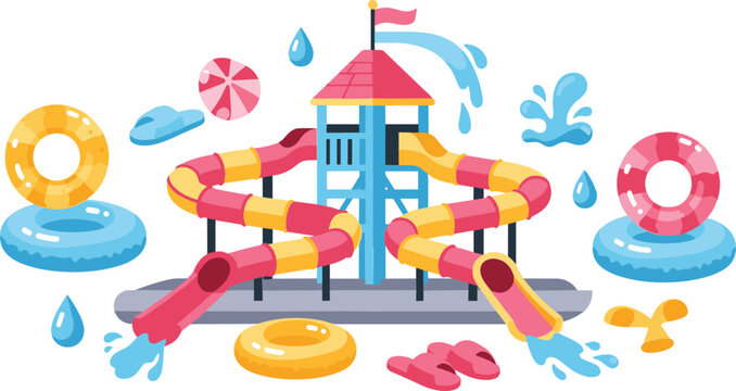 Water park playground with slides pool floats summer vacation fun aqua amusement vector illustration