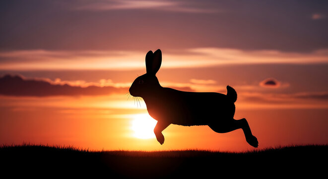 Silhouette of rabbit jumping against sunset in grassy field  