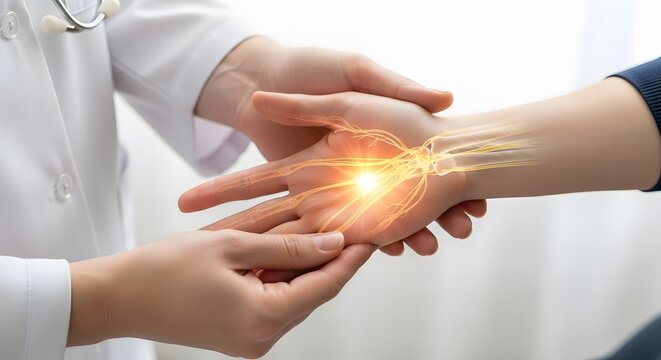 Carpal tunnel syndrome and nerve pain examination. Wrist anatomy and neurological health. Doctor hands holding patient palm with glowing yellow nerves and pathways