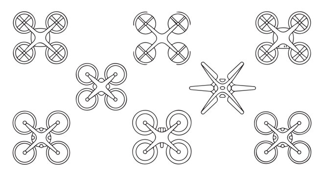 Quadrocopter drone vector illustration set with flying robot and remote control quadrocopter drone