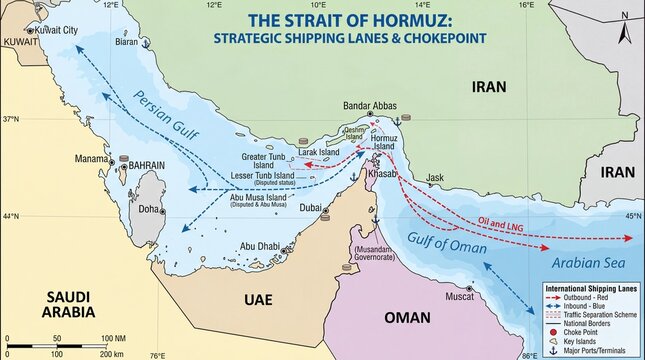 Navigating the strait of hormuz key maritime passage middle east informational map geopolitical context aerial view strategic importance