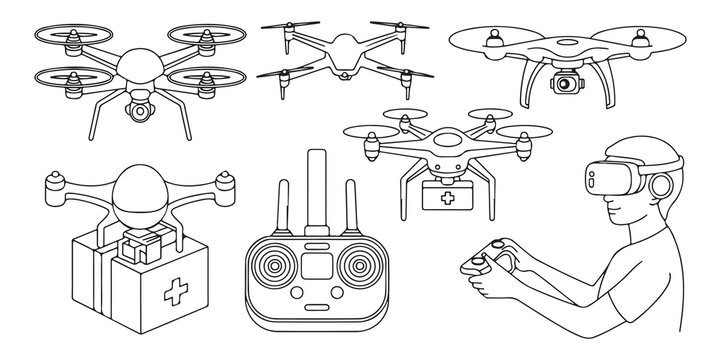 Collection of outline illustrations featuring drones, remote control, and a person with VR headset