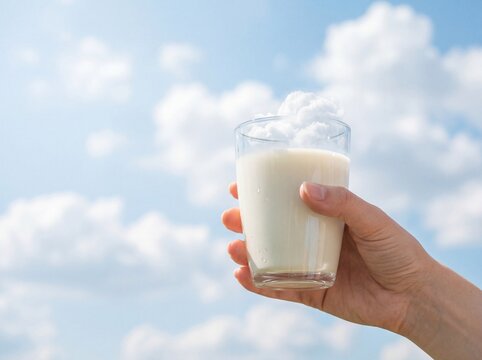 Refreshing summer drink glass of milk held against a beautiful blue sky with fluffy clouds ideal for quenching thirst in sunny weather