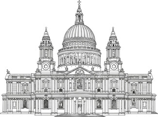 Obraz premium Saint Pauls Cathedral London vector illustration featuring detailed baroque architectural facade and famous dome isolated on white background