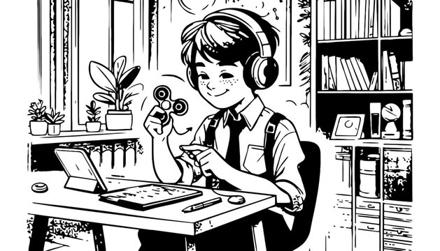 A young boy wearing headphones plays with a fidget spinner at his desk