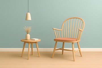 Fototapeta premium Minimalist room featuring light wood windsor chair with cushion and side table against a green wall.