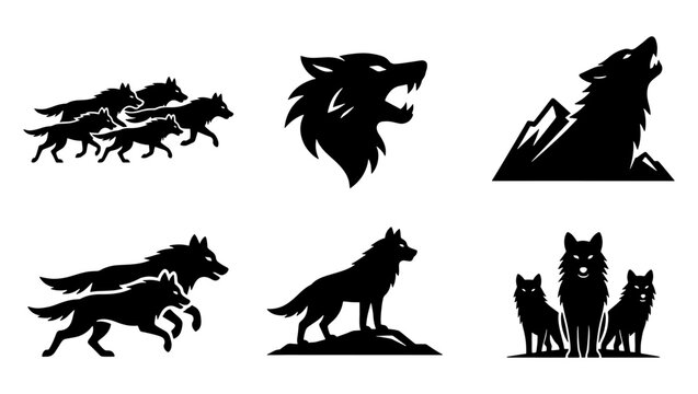 Black wolf silhouette vector set, howling wolf head and running pack icons, wild animal mascot collection for logos and branding