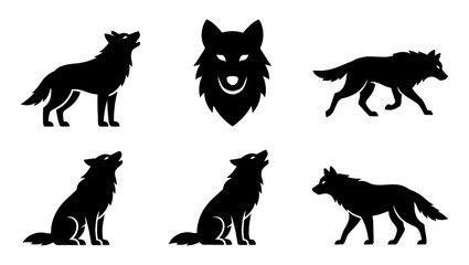 Obraz premium Wolf silhouette vector set with 6 elements, howling wolf icons and predator head mascot, wild animal silhouettes for logo design and outdoor branding