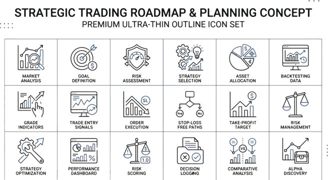 Strategic Trading Roadmap and Financial Planning Icon Set for Investment Strategy