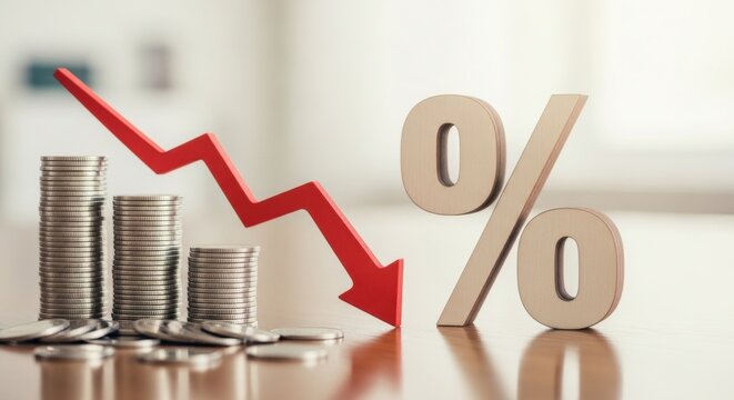 Interest rate decrease concept with red downward arrow, falling percentage sign and silver coin stacks, financial crisis and economic recession
