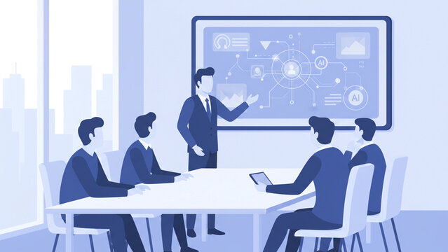 ビジネスネットワークとAI導入戦略を話し合うチームミーティングの抽象イラスト