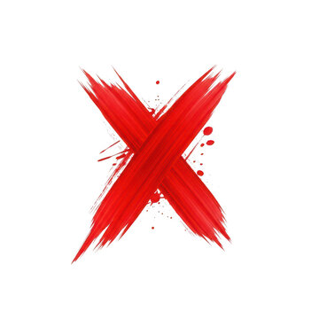 A vibrant red paint brush stroke forming an x shape with artistic splatter and textured edges