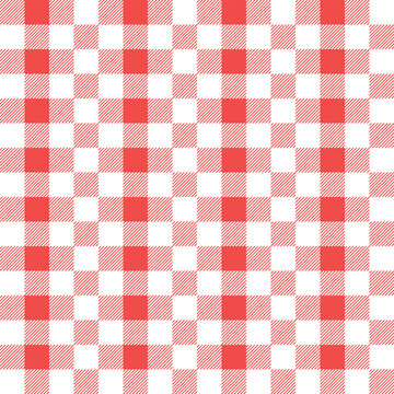 Seamless red gingham check pattern background. Classic plaid textile texture for fabric and surface design. Bright grid layout with fresh and timeless appeal.
