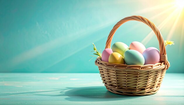 Beautifully Decorated Easter Eggs in a Rustic Wicker Basket with Golden Sunlight