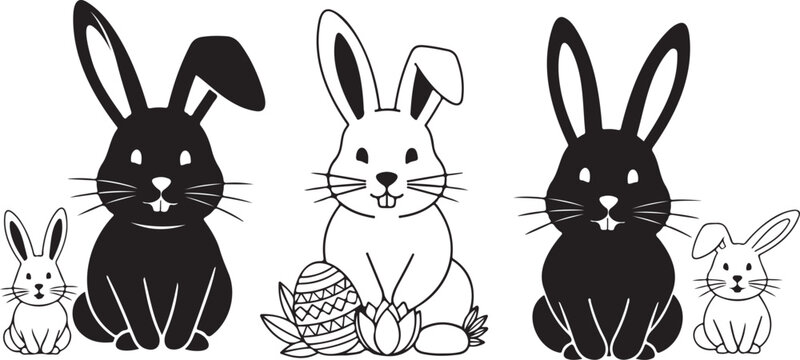 Easter bunnies in black and white.Easter bunny face, cartoon rabbit, black and white illustration।