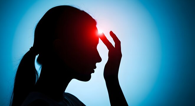Silhouette of woman with frontal headache and migraine. Mental health and stress relief concept. Profile view of a woman touching her forehead with a glowing red pain point