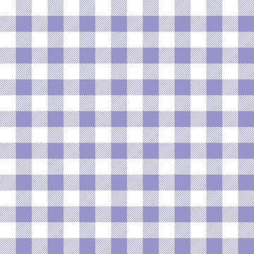 Seamless purple gingham check pattern background. Soft plaid textile texture for fabric and surface design. Classic grid layout in pastel lavender tone for versatile use.
