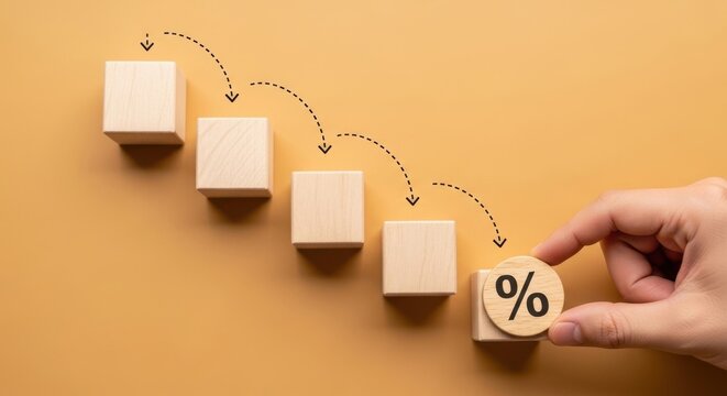 Interest rate reduction concept with wooden blocks, falling percentage icon on descending stairs, financial discount and mortgage rate cut