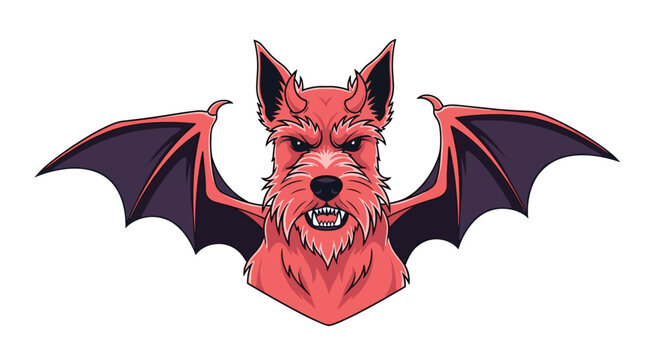 Red dog character with devil horns and large bat wings showing an aggressive expression for edgy or Halloween concepts.