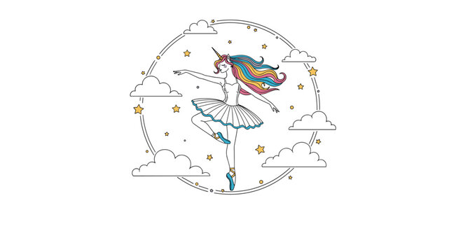 Enchanting unicorn ballerina dancing inside a decorative circle surrounded by fluffy clouds and shining stars in a delicate line art style.