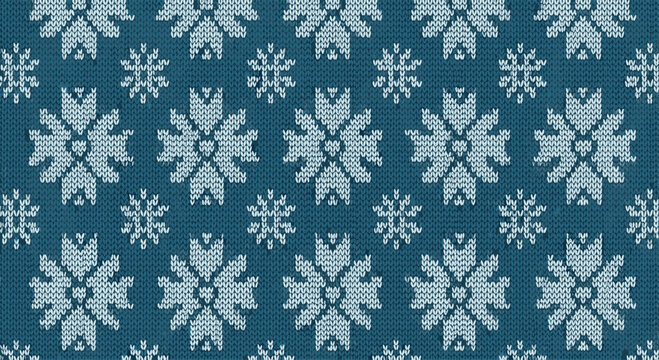Cozy winter pattern featuring white knitted snowflakes and geometric shapes on a textured dark blue fabric background for a warm feel.