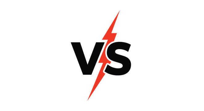 Bold versus logo featuring large black letters VS split by a bright red lightning bolt isolated on a clean white background for competition.