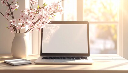 Fototapeta premium Springtime workspace with a modern laptop and beautiful cherry blossoms by a bright window
