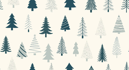 Obraz premium Seamless pattern of various stylized Christmas trees in shades of blue and gray on a light background for modern holiday season decorations.