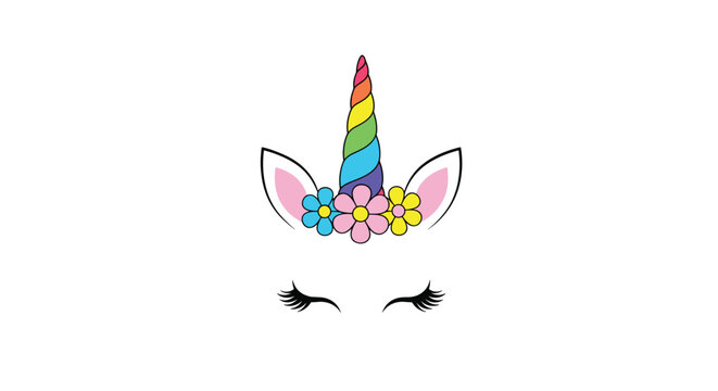 Beautiful unicorn face with a rainbow horn and colorful flowers in its hair with long eyelashes in a magical cartoon design.