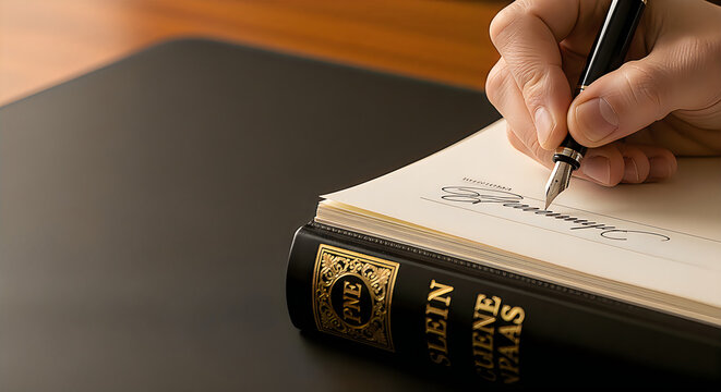 Person signing formal document with fountain pen on vintage book binding logo.
