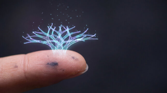 Ultra‑macro fingertip with blooming cyan purple light lattice, emerging data visualization