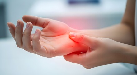 Fototapeta premium Wrist pain and carpal tunnel syndrome relief. Hand massage and physical therapy. Person rubbing a painful wrist with a red glowing area of inflammation