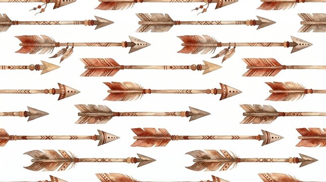 Boho watercolor arrow seamless pattern, tribal ethnic arrows with feathers on white background, rustic hand drawn archery wallpaper for textile design