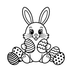 Obraz premium Cute Easter Bunny Holding Eggs – Black and White Outline SVG PNG Coloring Page Design