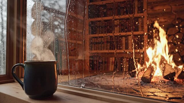 Rain-streaked window view of a crackling fire and steaming mug
