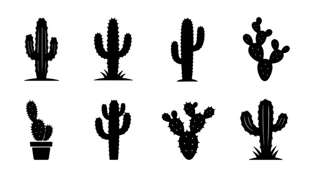 Black cactus silhouette collection, set of 8 desert plant icons, saguaro and prickly pear vector elements for western landscape design