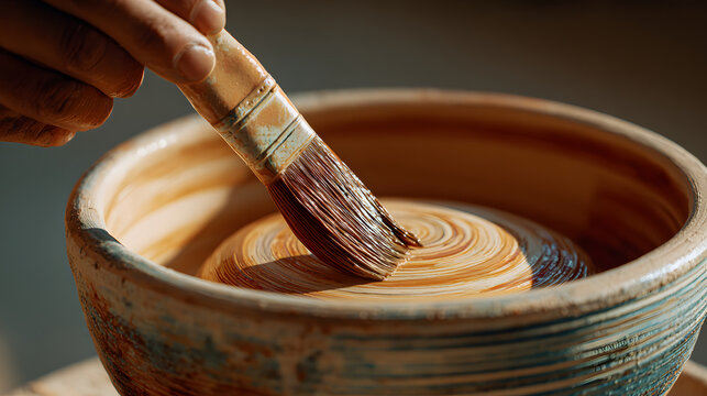 Handcrafted ceramic bowl being glazed with brushstrokes, warm earthy tones and textured surface conveying craft and care