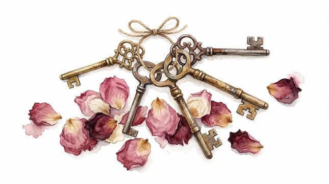 Vintage brass skeleton keys on metal ring with twine bow, antique metal keys and dried pink rose petals, romantic rustic watercolor illustration