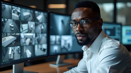 Obraz premium Focused Man in Glasses Analyzing Surveillance Footage on Multiple Screens in Modern Office