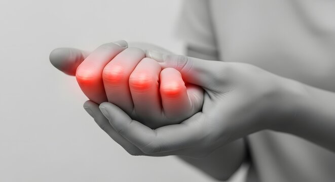 Finger joint pain and rheumatoid arthritis symptoms. Hand healthcare and finger swelling relief. Close up of person holding clenched fist with glowing red points on knuckles and joints
