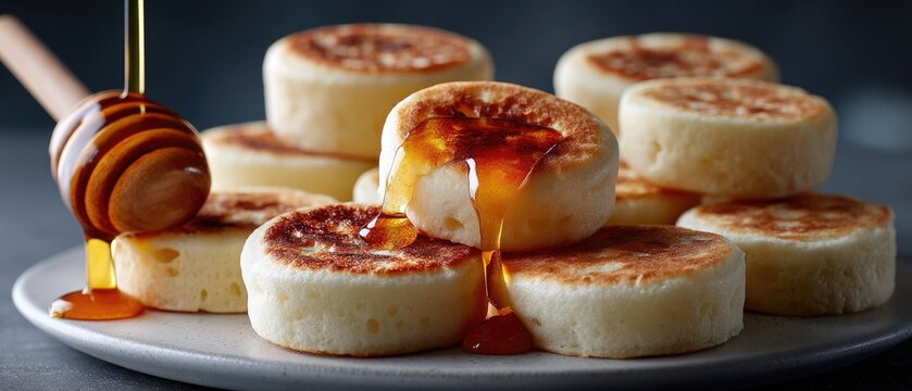 Crumpets with honey and syrup on a white plate under studio lighting captured with Nikon D80 camera
