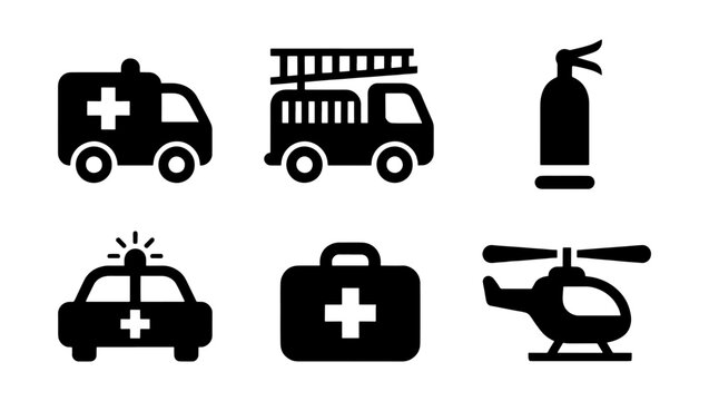 Emergency services icon set with 6 black vector elements, ambulance and fire truck symbols, police car and medical kit graphics for safety apps