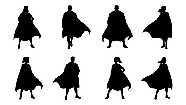 Superhero silhouette collection, set of 8 powerful male and female heroes in capes, heroic character outlines for comic book design and leadership concepts