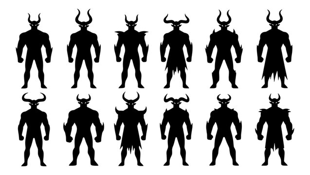 Demon silhouette collection with 12 horned warrior figures, dark fantasy monster character set, black devil creature icons for game design